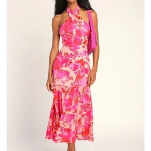Lulu's Always Eye-Catching Hot Pink Floral Tiered Halter Midi Dress Large